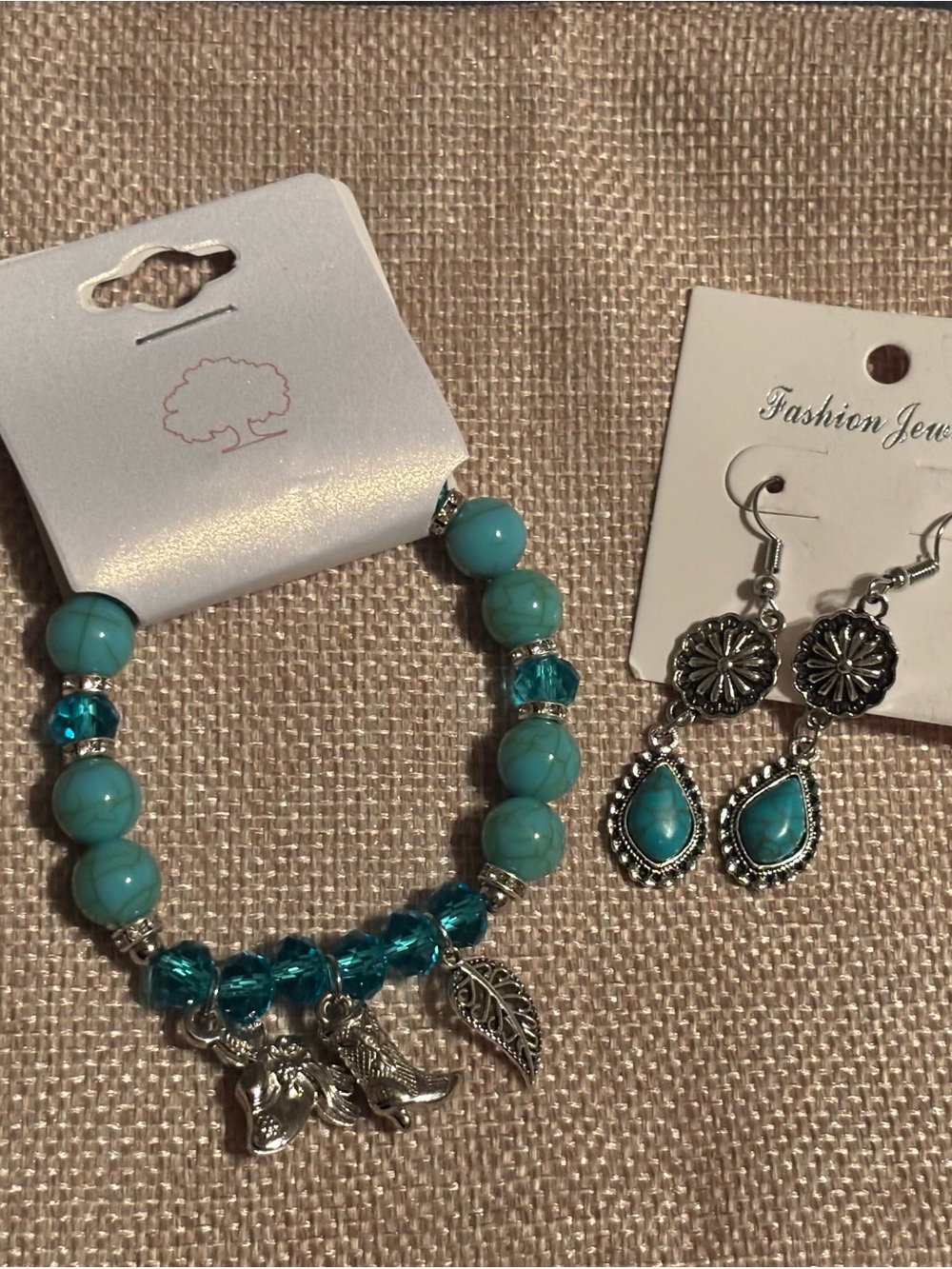 Turquoise Bead Charm Bracelet and Earrings Set - Fashion Jewelry